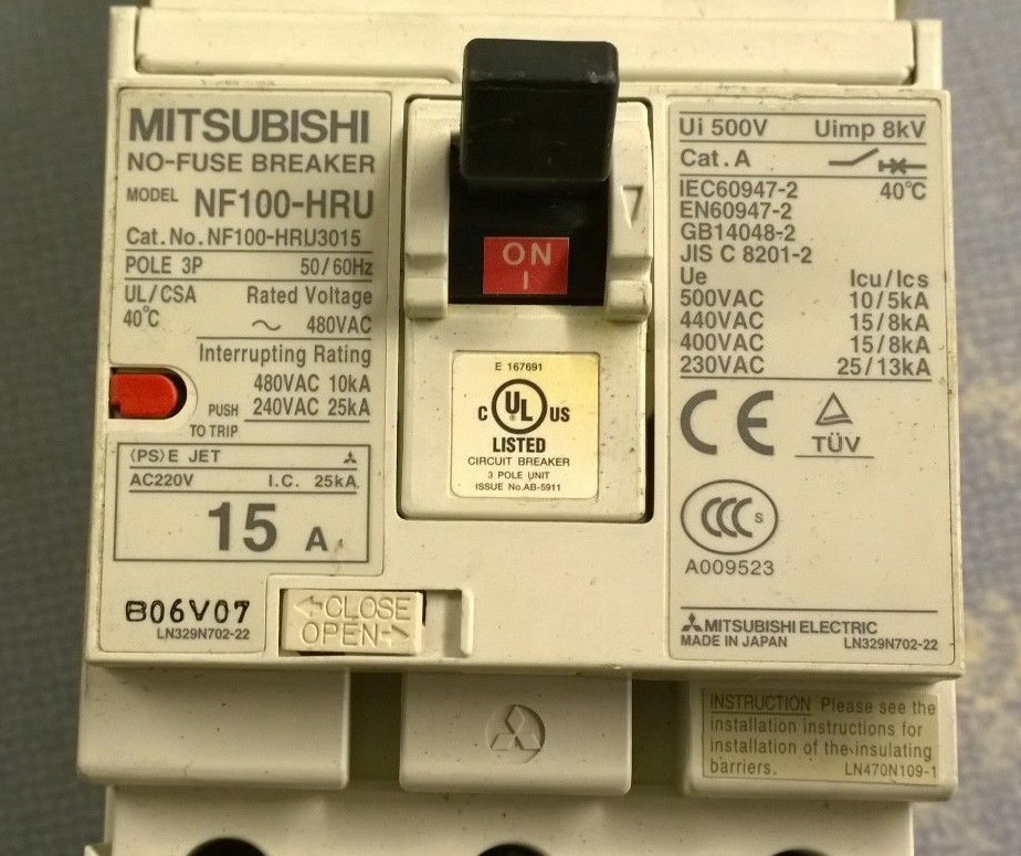 Mitsubishi Electric NF100-HRU3015 15 Amp 480 V-AC No-Fuse Breaker – Working