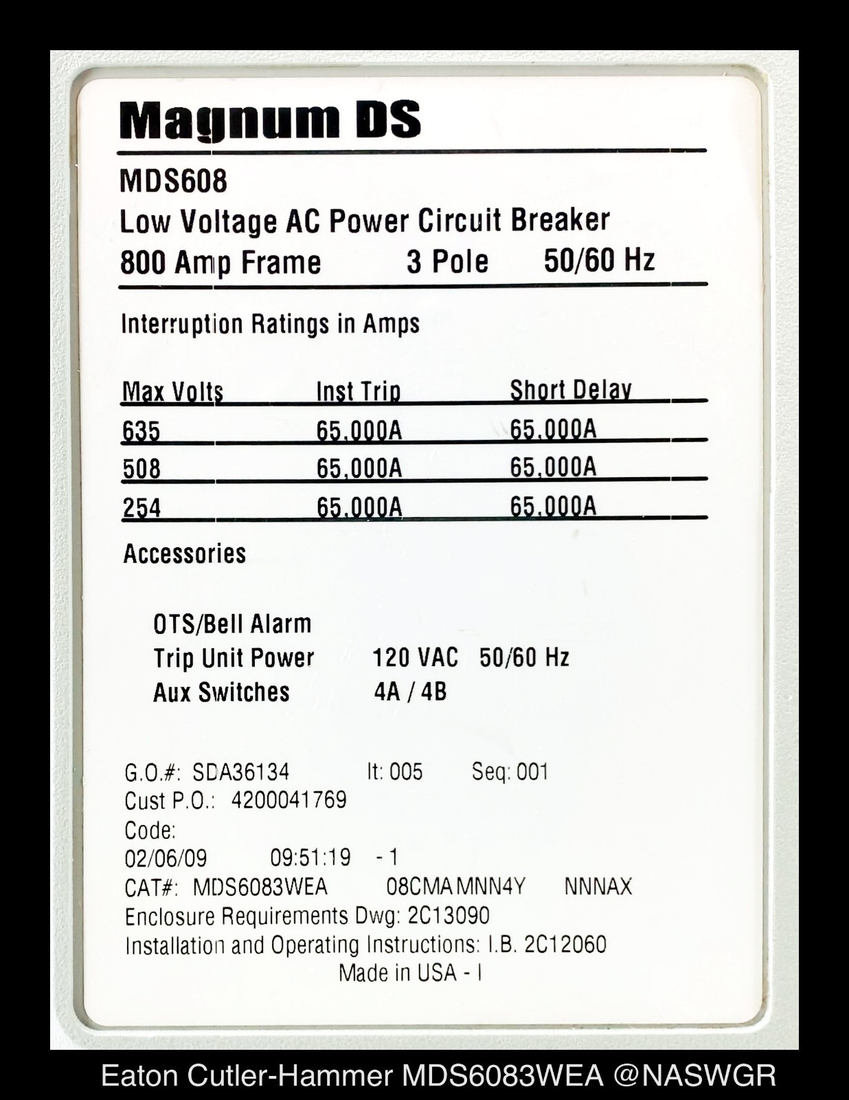 Eaton Magnum DS MDS608 Breaker (M/O,D/O) ~ 800 Amp – Tested/1Yr Warranty