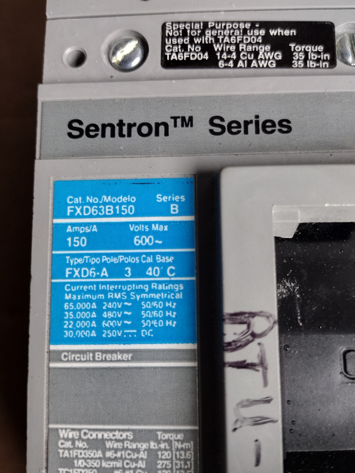 Siemens FXD63B150 Sentron Series 150A 600V 3P Circuit Breaker FXD6-A