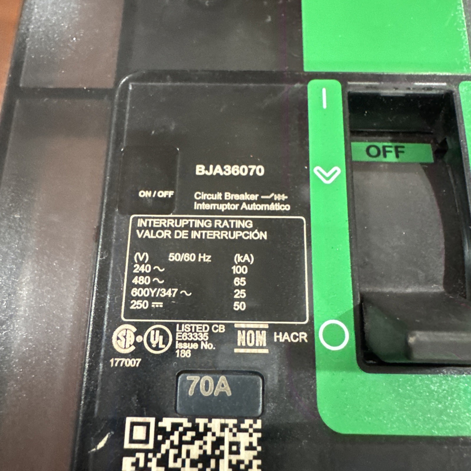 Square D BJA BJA36070 3 Pole 70 Amp 600V Circuit Breaker I-Line Powerpact 70A 3P