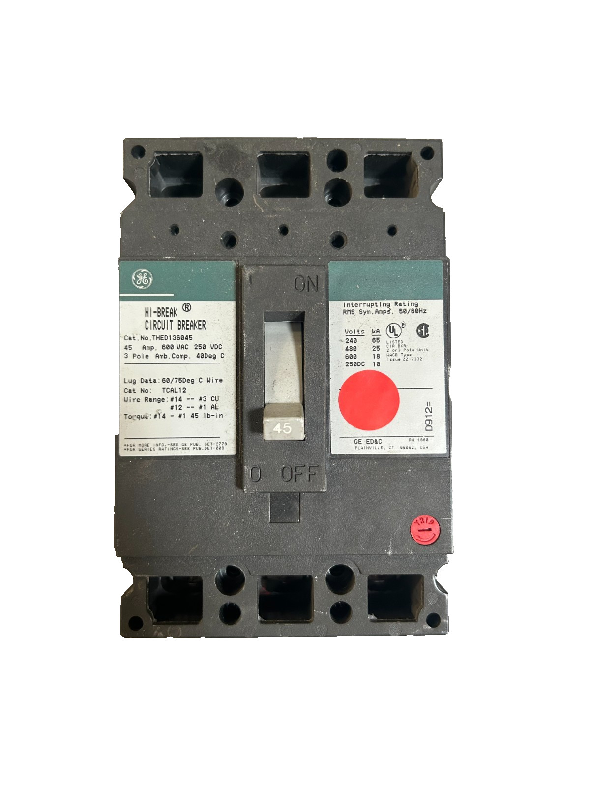 GE THED136045 Hi-Break Circuit Breaker 45A 3-Pole 600VAC
