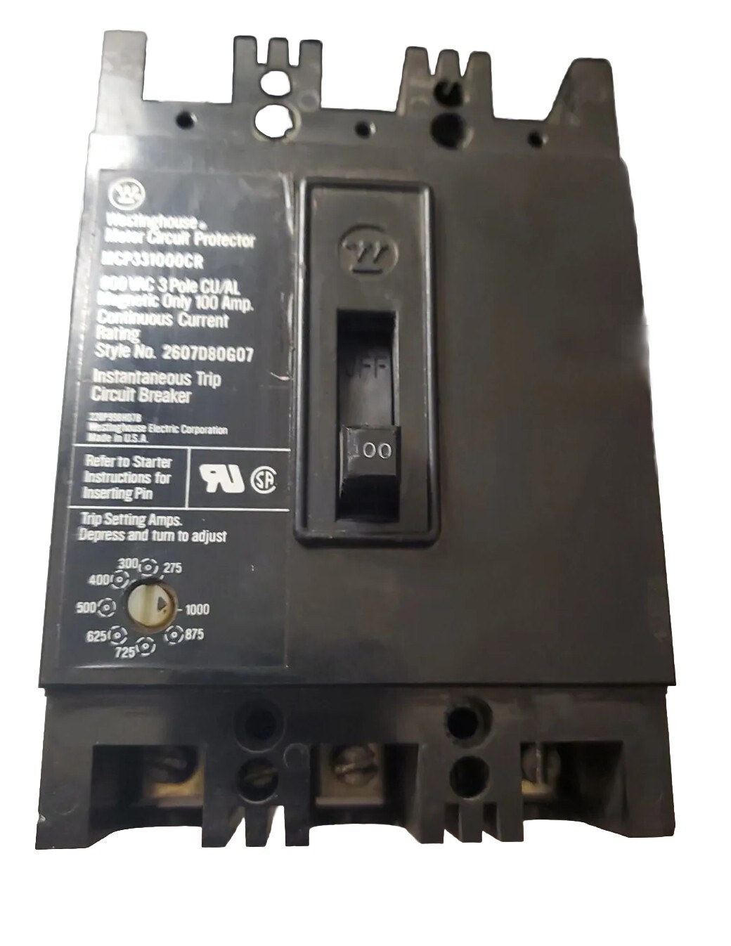 Westinghouse MCP331000CR 3 Pole 100 Amp 600V Motor Circuit Protector Used