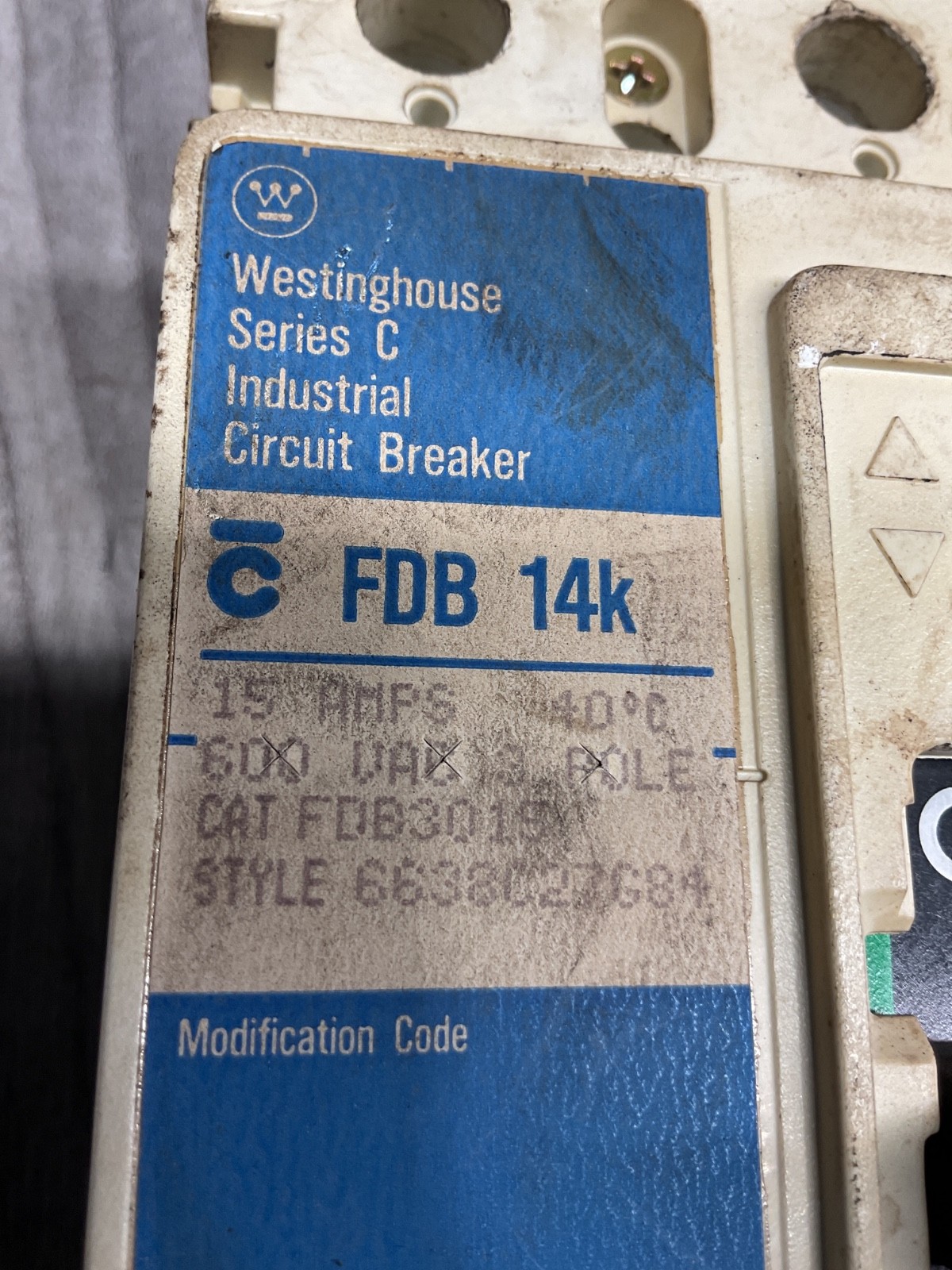 WESTINGHOUSE CAT NO. FDB3015 – 15 A, 600 V, 14k, 3 POLE, #4003C99PR4