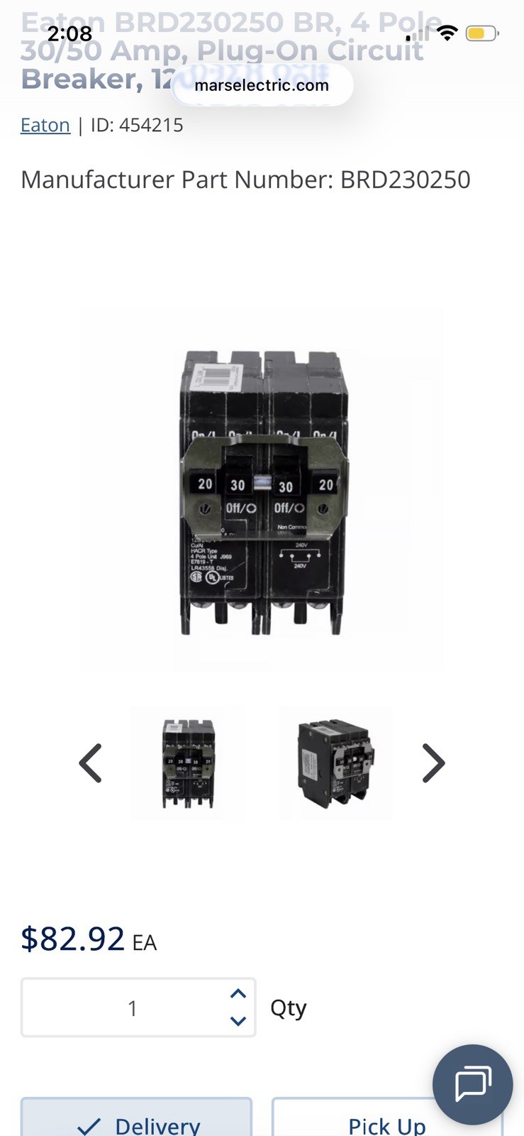 Eaton BRD230250 Quadplex 30/50A 4-Pole 120/240V Plug-In Circuit Breaker