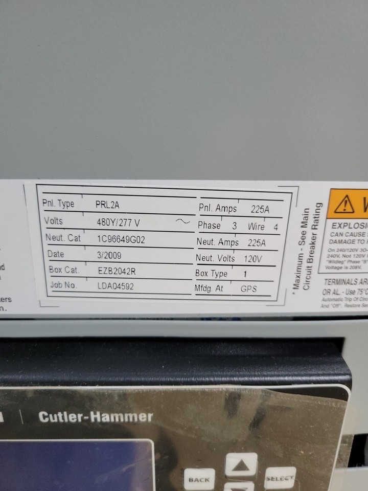 EATON CUTLER HAMMER PRL2A 480Y/277 V 225 AMP 3 PHASE 4 WIRE INTERIOR COMMERCIAL