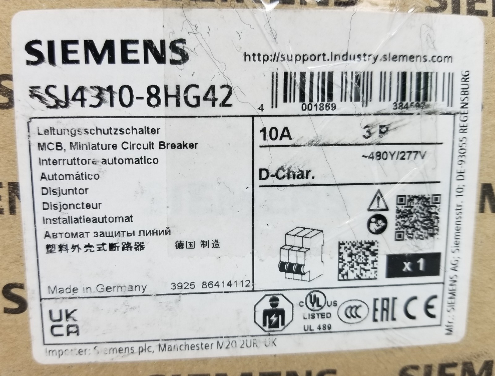 Siemens 5SJ4310-8HG42 Mini Circuit Breaker 10A 3-Pole 480Y/277V D-Char NEW