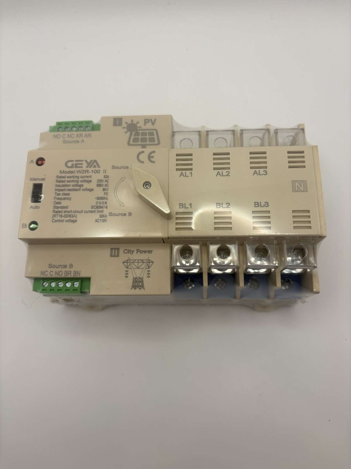 On-Grid Solar Power Automatic Transfer Switch Din Rail 2P 63A 110vac ATS PV