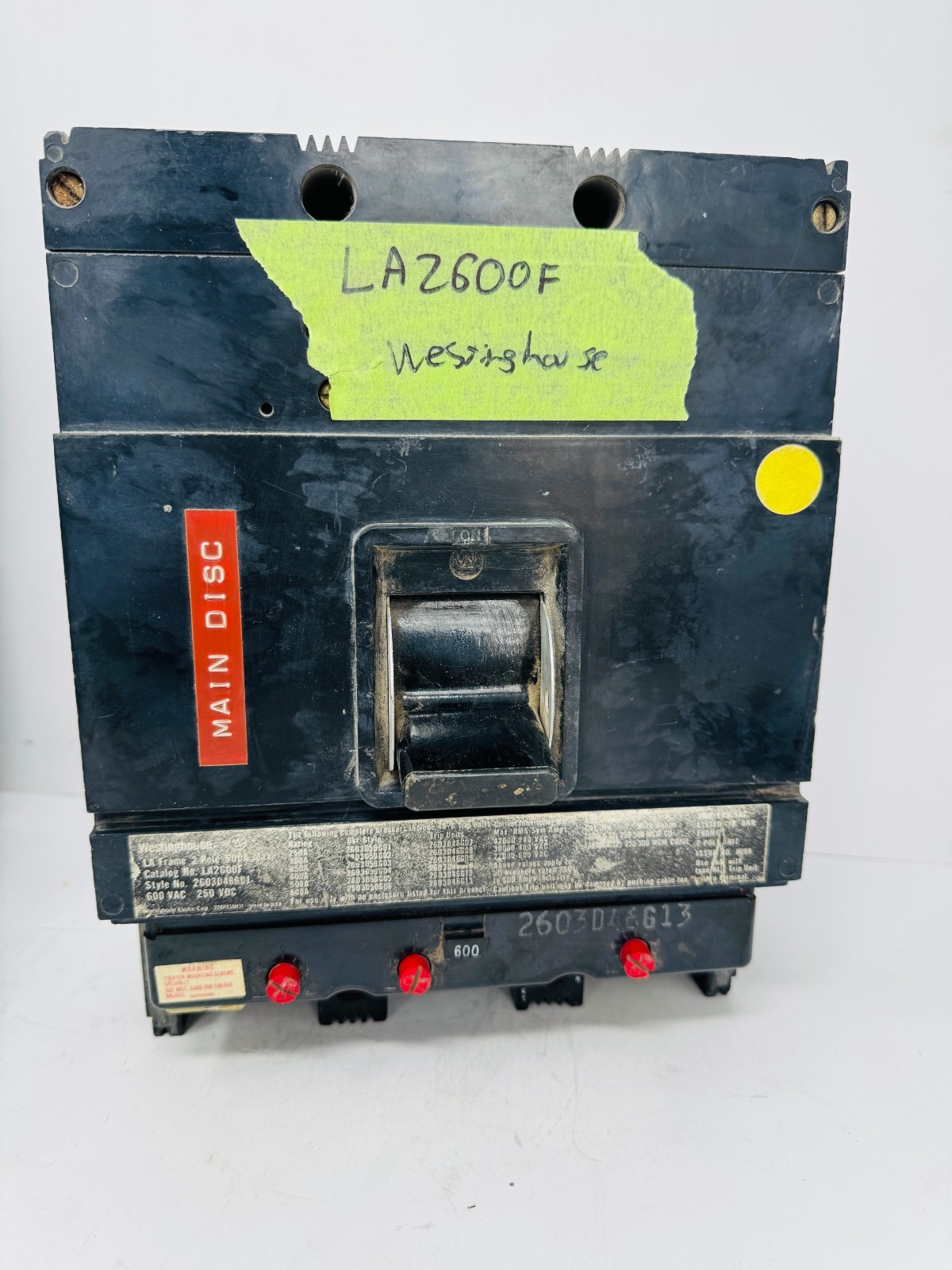 WESTINGHOUSE 600 AMP CIRUCIT BREAKER 2 POLE 600 VAC LA2600F USED