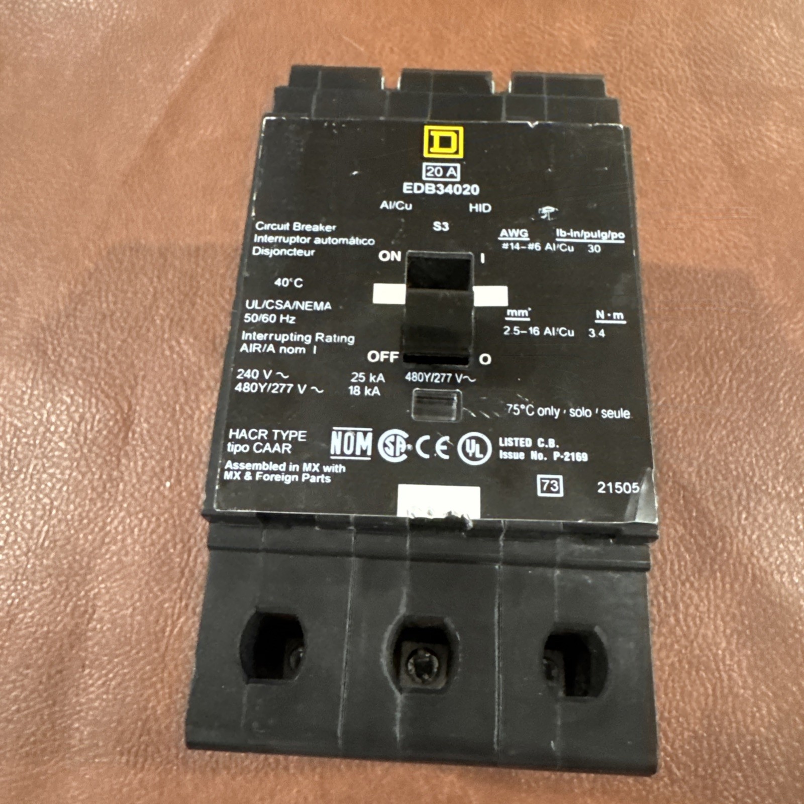 Square D EDB34020 Bolt On Circuit Breaker 20A 3P 480Y/277V 18KA EDB 3 Pole 20Amp
