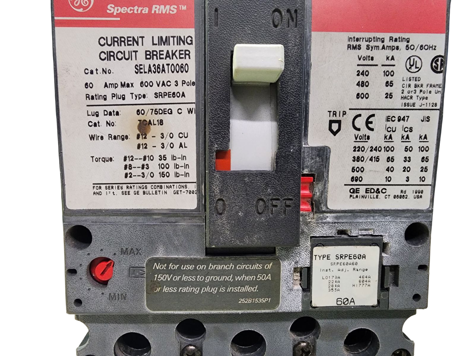 GE Spectra RMS SELA36AT0060 Circuit Breaker 60A 600V 3 Pole with SRPE60A Rating