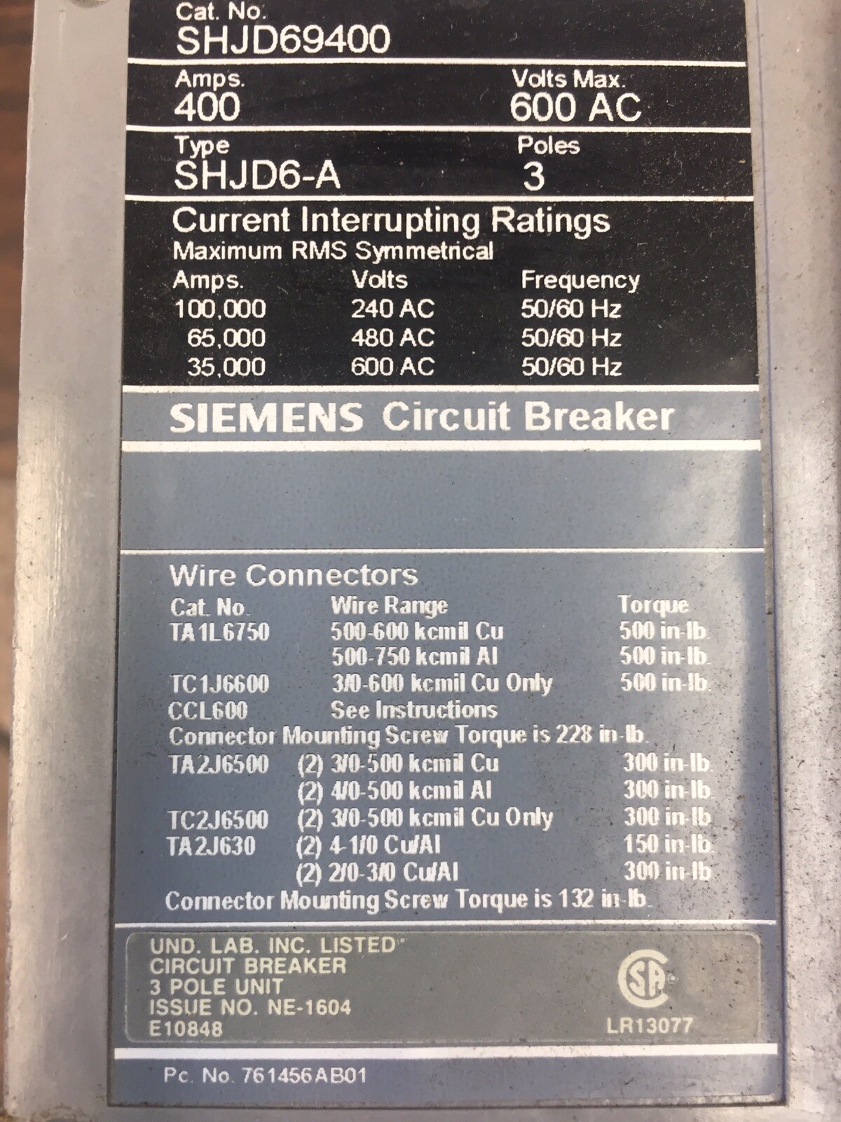 SIEMENS SHJD69400 (400A LI trip) 400 Amp 600 volt Sensitrip III Electronic