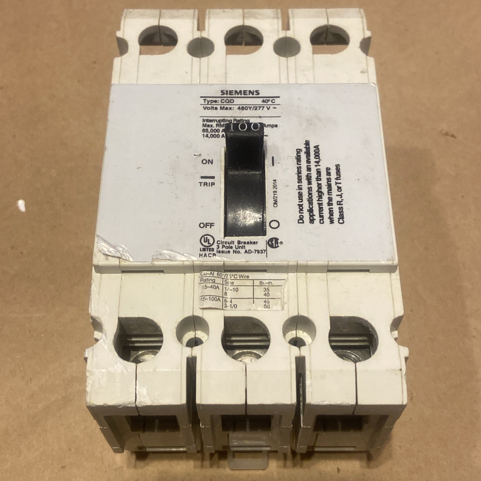 Siemens CQD3100 100A 3-Pole DIN-Rail Circuit Breaker 480/277V Trip Indicator F