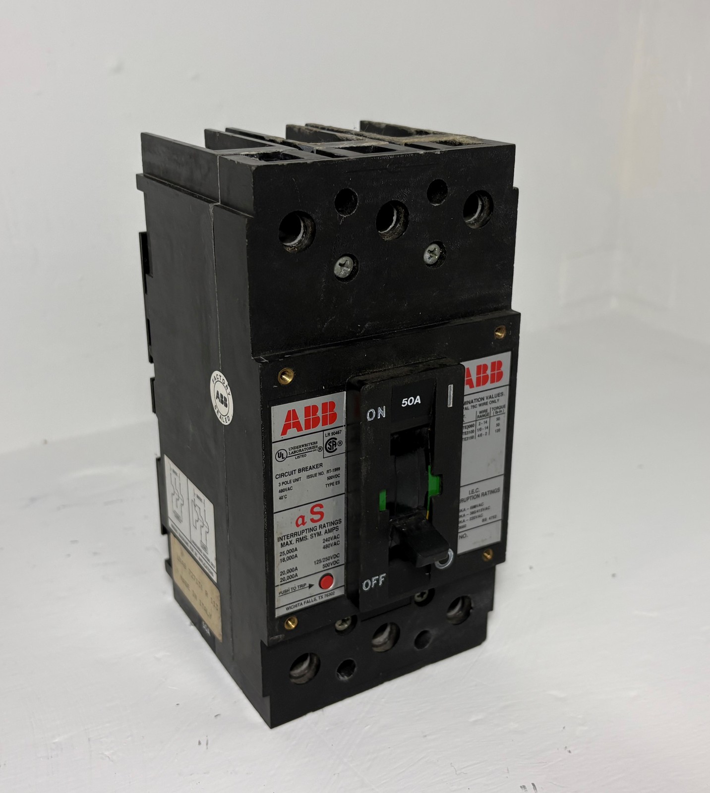 ABB Type ES 50A 3 Pole Circuit Breaker 18kA @ 480 VAC RT-1999 50 Amp 3P
