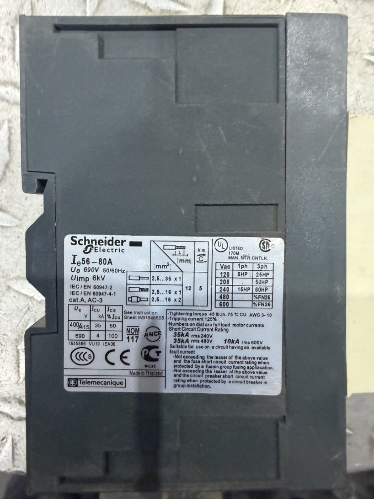 Schneider Electric GV3ME80 Motor Circuit Breaker 56-80A Thermal Magnetic