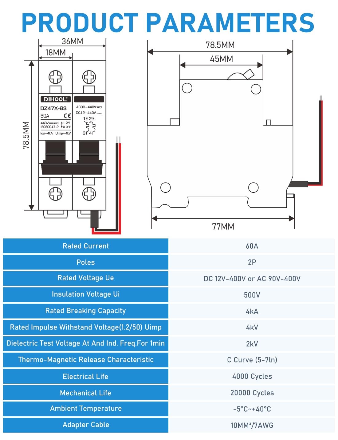 60A DC Circuit Breaker with Remote Control, 12V-400V DC & 90-400V AC, 2 Pole …
