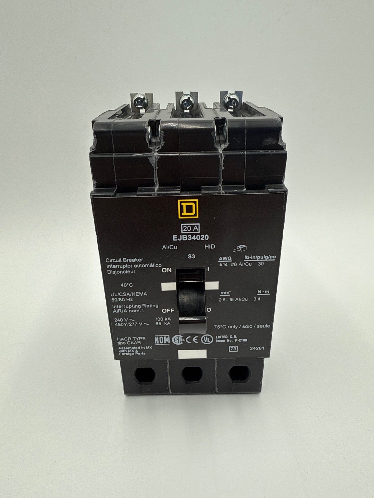 Square D EJB34020 Circuit Breaker 20A 3P 480/277V 65k EJB 20 Amp 3 Pole Bolt on