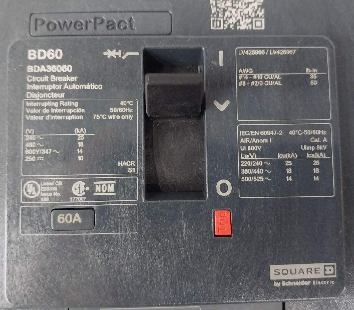 NEW SQUARE D POWERPACT 60 AMP I-LINE CIRCUIT BREAKER 480 VAC 3 POLE BDA36060
