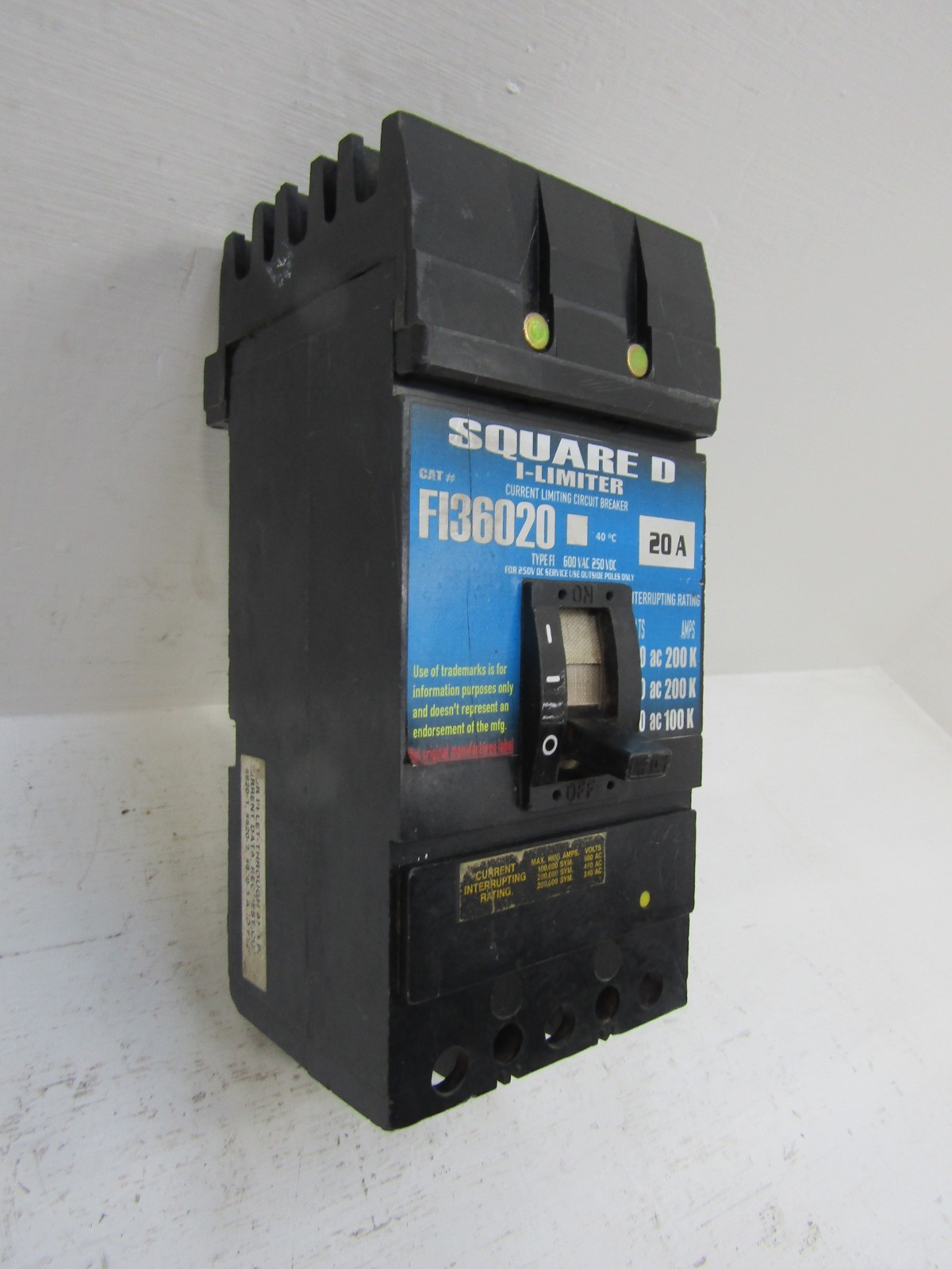 Square D FI36020 20 Amp 600V I-Limiter I-Line Circuit Breaker 20A 3-Pole 600 VAC