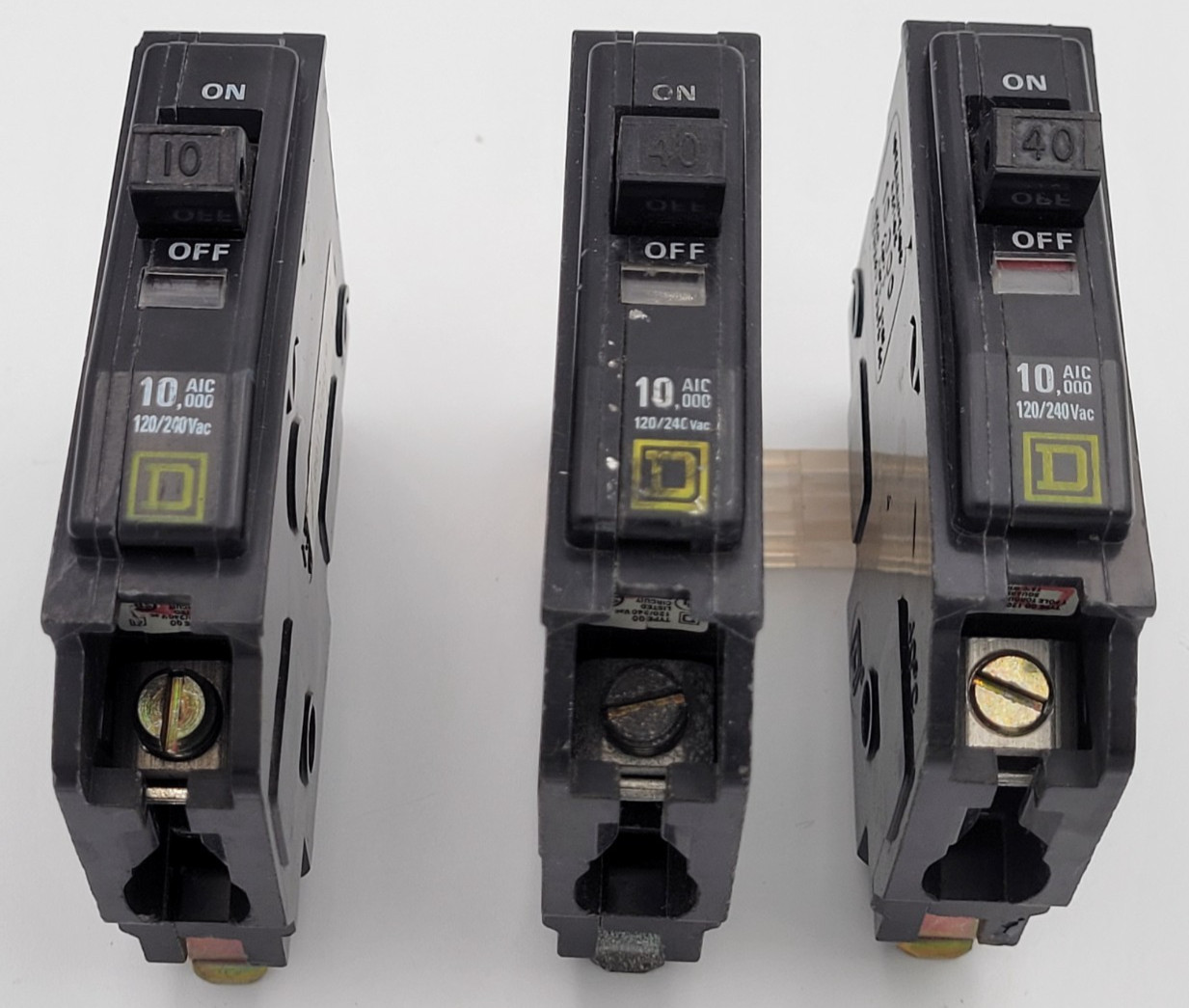 Square D QO110 10A (1) & QO140 40A (2) 1-Pole Circuit Breaker (Lot of 3) USED