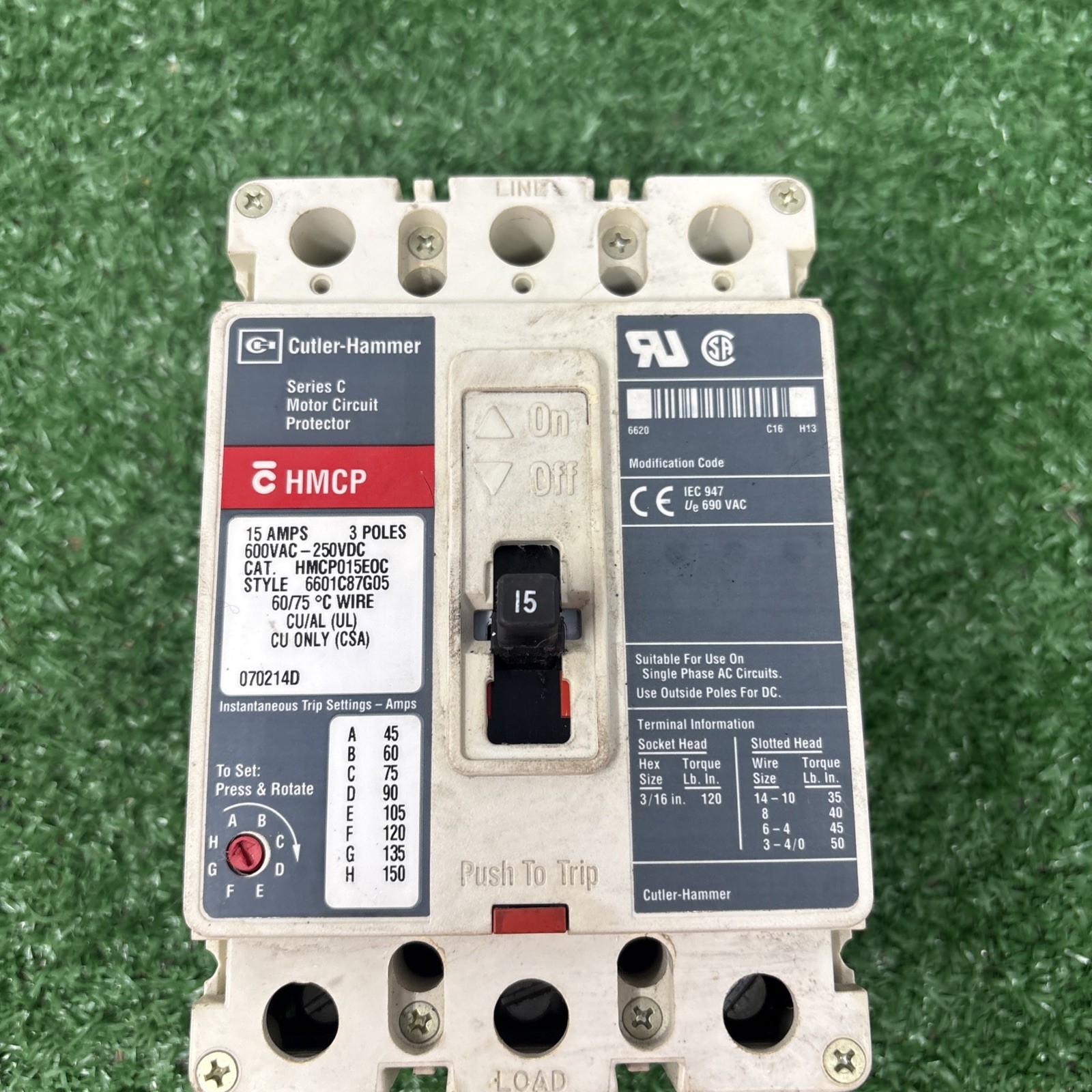 Used EATON /Cutler Hammer HMCP015EOC 15 Amp 600 Volt 3 Pole Circuit Breaker