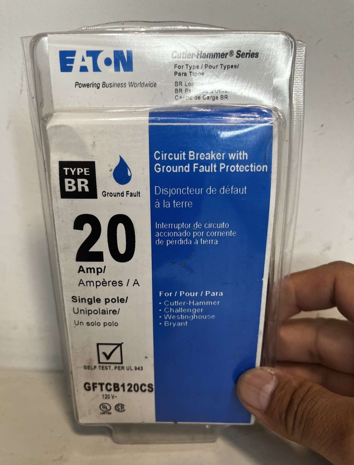 Eaton BR Type GFCI Circuit Breaker 20A 120V 1-Pole Self Test GFTCB120CS