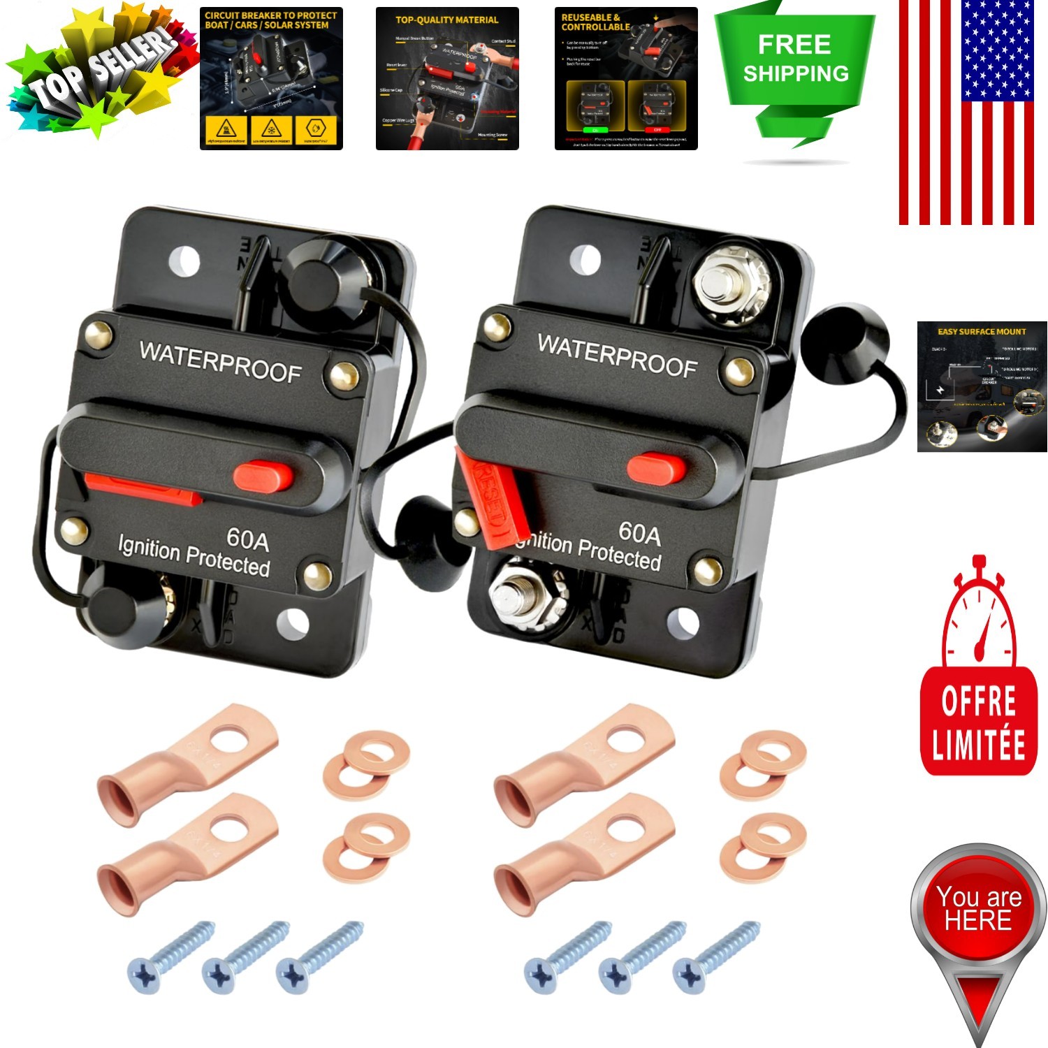 Pack of 2: 60A DC Battery Protection Circuit Breaker with Waterproof Design