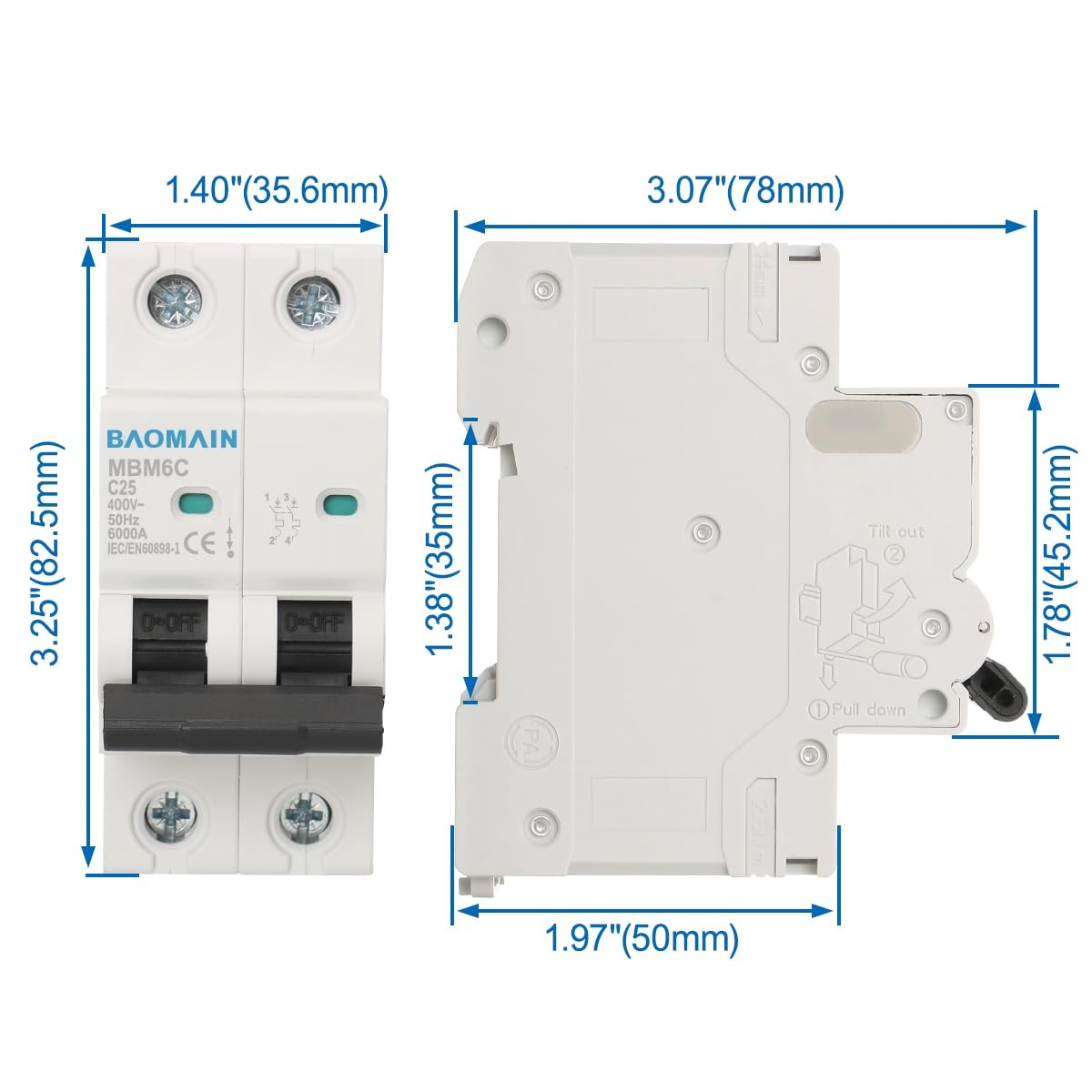 C25 25A 2 Pole Miniature Circuit Breaker AC 400V 50Hz DIN Rail Mounting