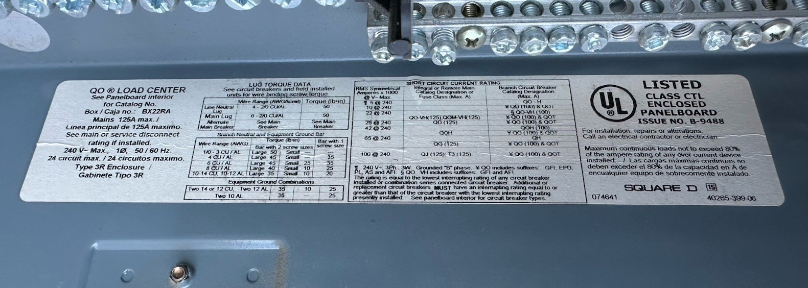 Square D QO112L125PGRB Load Center 12 Spaces 24 Circuit 125a Amp 1ph NEMA 3