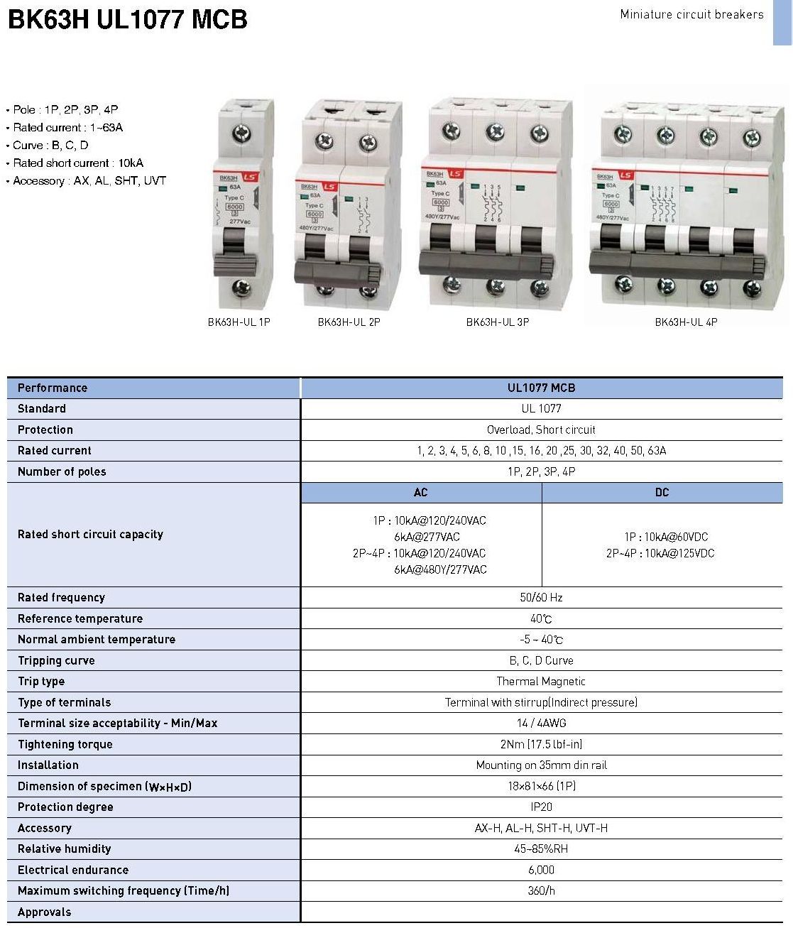 16 Amp LSis 3 Pole Din Rail MCB Circuit Breaker UL1077 10kA @ 480V; 6kA @ 240V