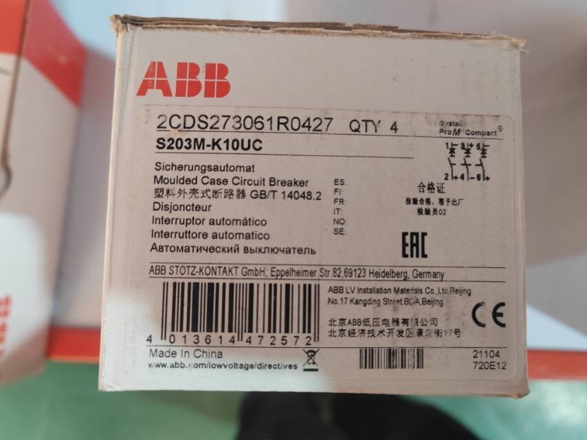 2CDS273061R0427 Brand New ABB Miniature Circuit Breaker S203M-K10UC 3P 10A – K