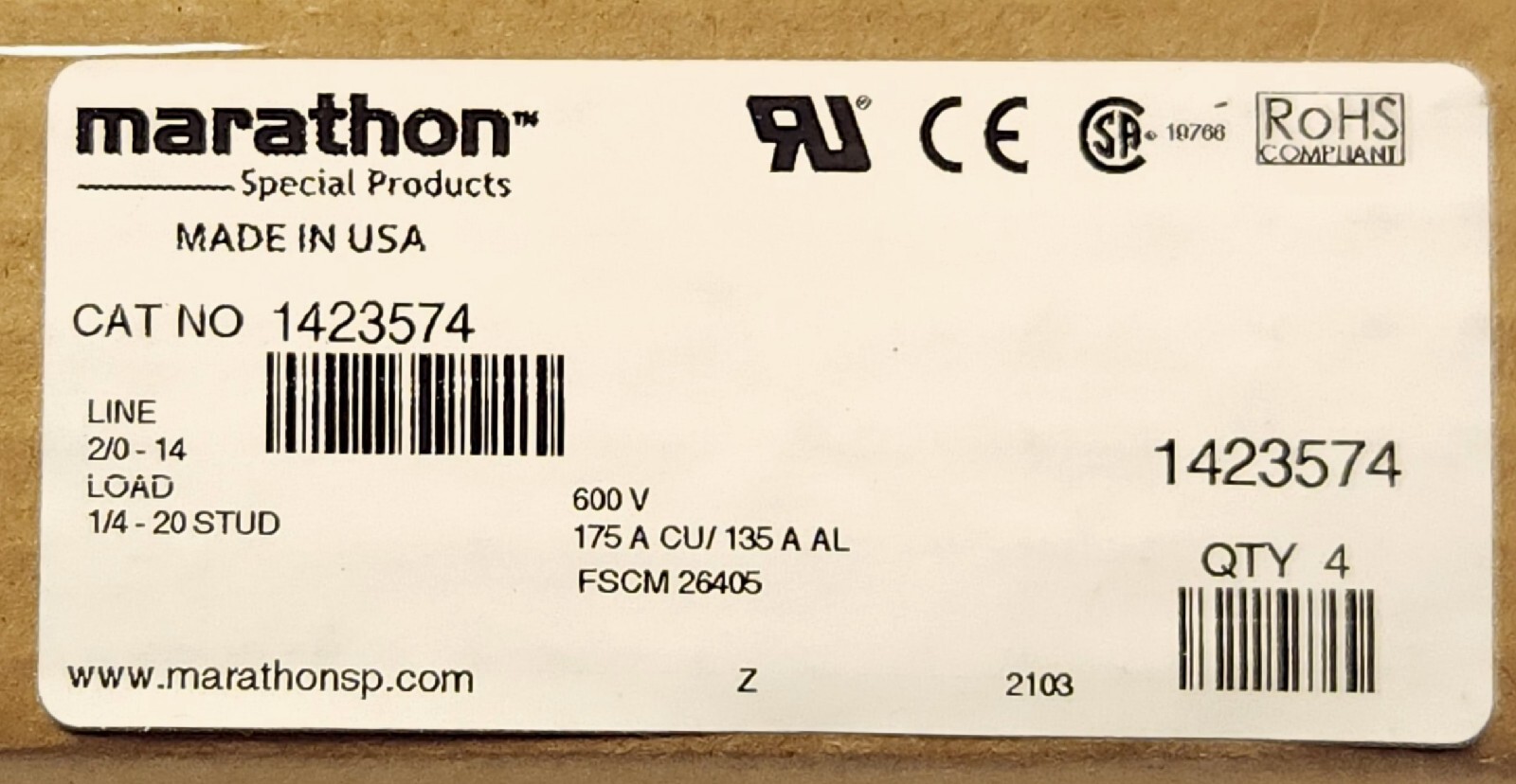 MARATHON 1423574 Power Distribution Terminal Block LINE 2/0-14 LOAD 1/4-20 STUD