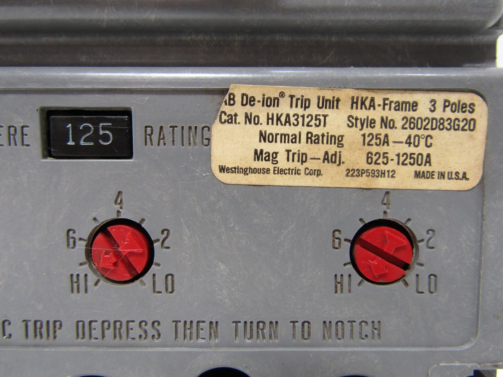 Westinghouse HKA3225F 125 Amp 600V 3-Pole HKA Circuit Breaker 125A Trip Unit