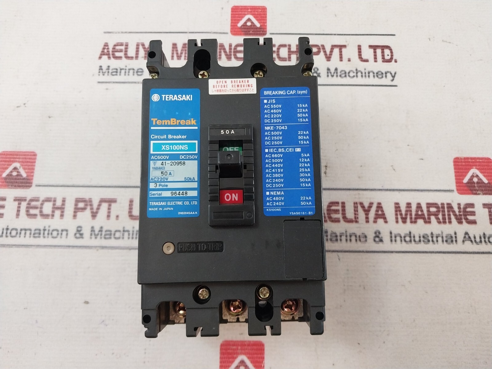 TERASAKI XS100NS TEMBREAK Circuit Breaker 50A 3 Pole AC 600V DC 250V