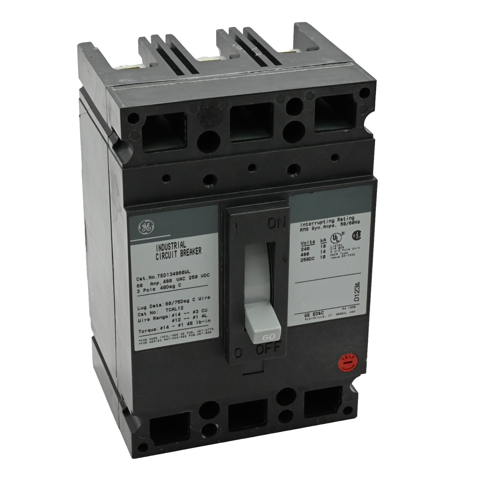 GE TED134060WL Molded Case Circuit Breaker 60Amps 480VAC/250VDC 3-Pole
