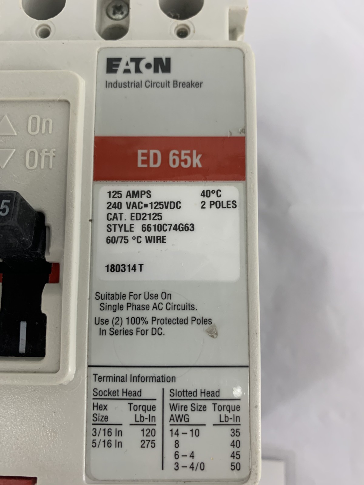 Eaton Cutler-Hammer ED2125 125A 2P 240VAC Molded Case Circuit Breaker Series C