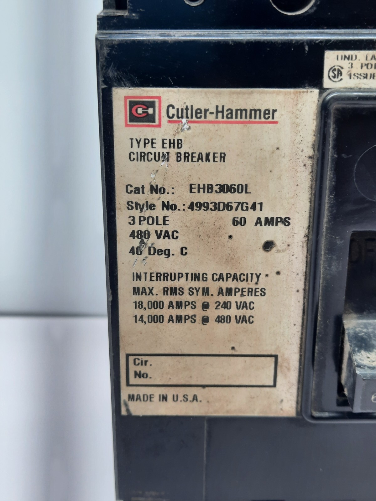 CUTLER HAMMER EHB3060L 3 POLE 60 AMPS CIRCUIT BREAKER / TESTED OK