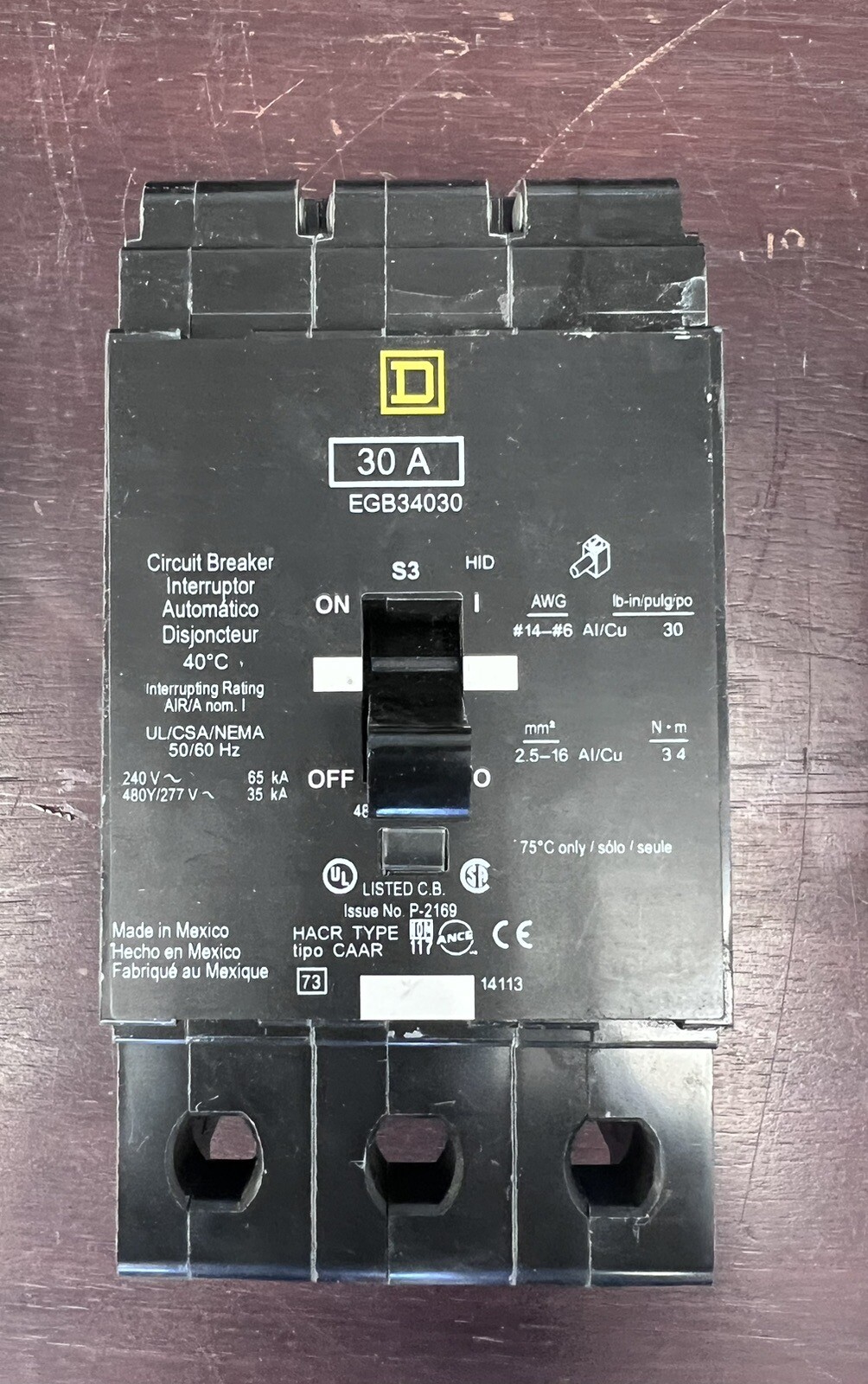 Square D EGB34030 Thermal Magnetic Circuit Breaker 30 Amp 480 Volt