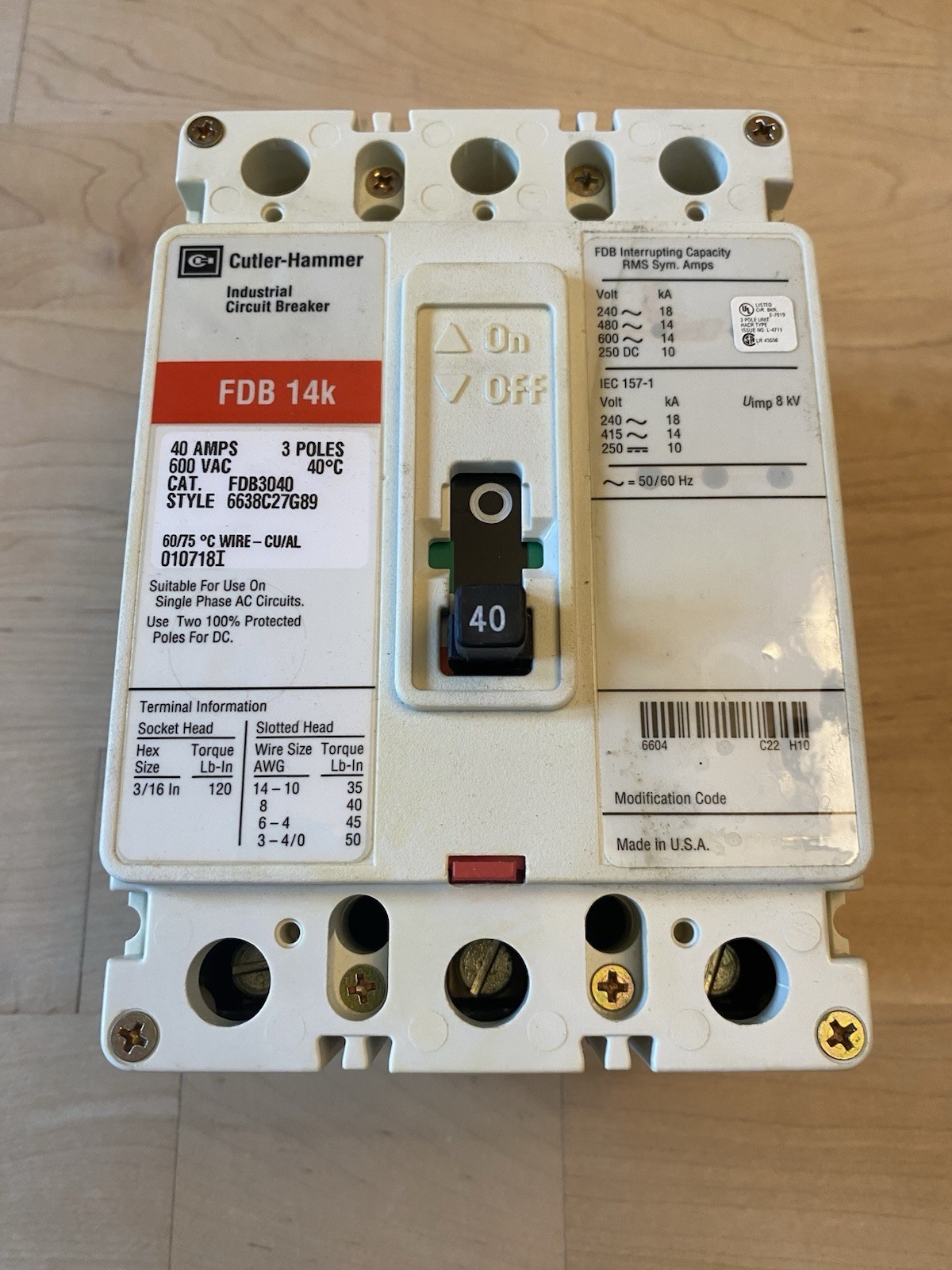 Cutler-Hammer FDB3040 Circuit Breaker 3 Pole 40 Amp 240-600VAC