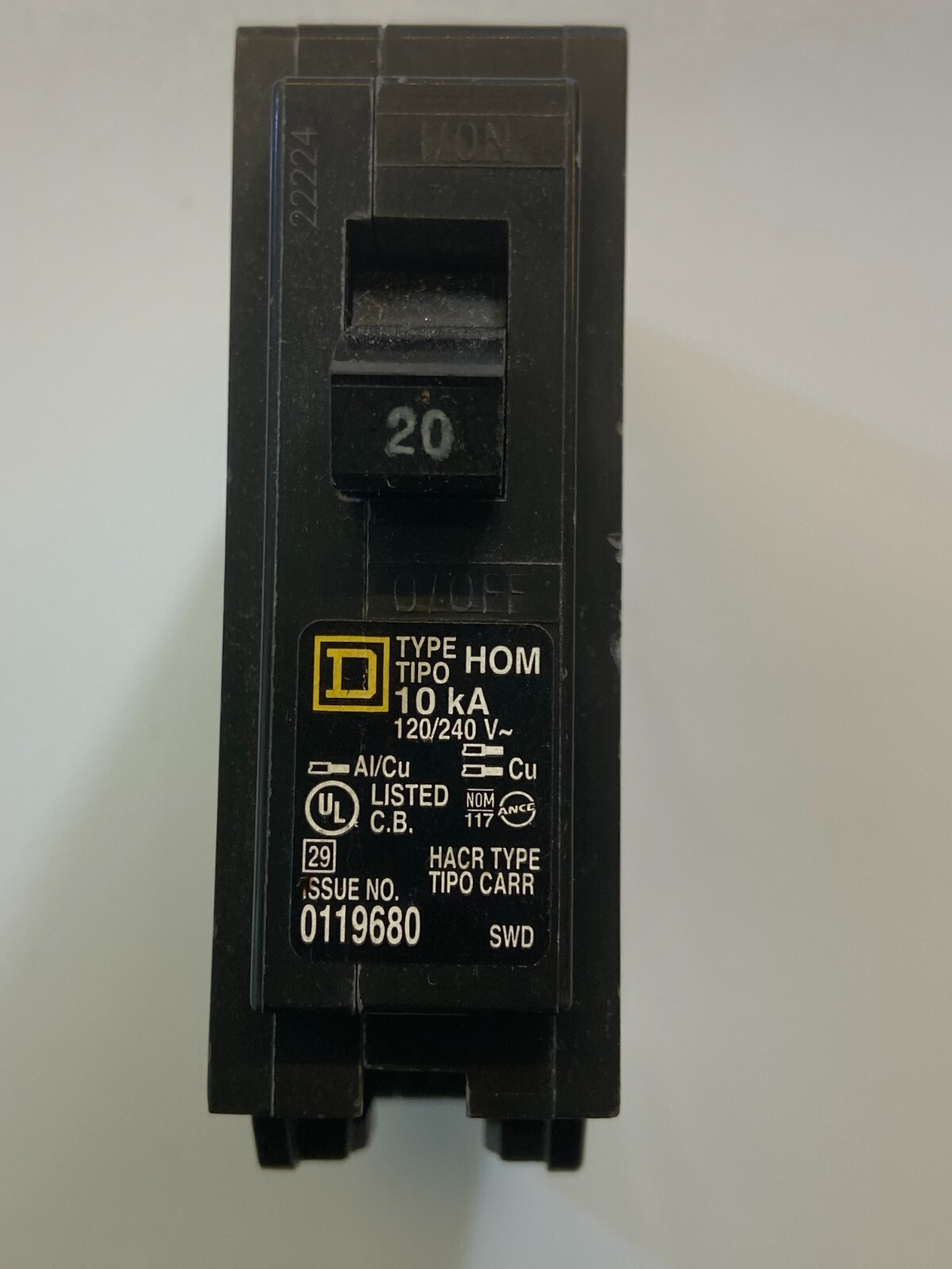 Square-D Homeline HOM120 20-Amp 1-Pole Type-HOM 10KAIC Circuit Breaker TESTED OK
