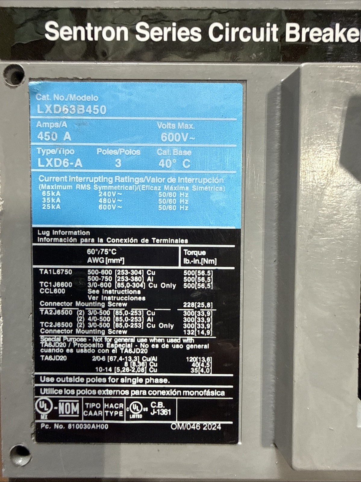 Siemens Circuit Breaker, LXD63B450 (450 Amp; 600 VAC; 3 Pole) – Warranty