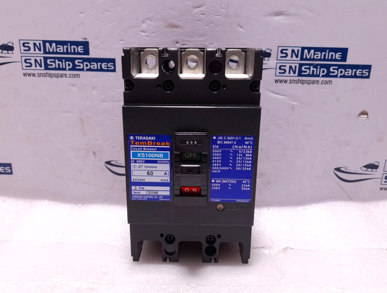 Terasaki Electric XS100NB TemBreak Circuit Breaker 60A 3Pole FC Ui 690V 50/60Hz