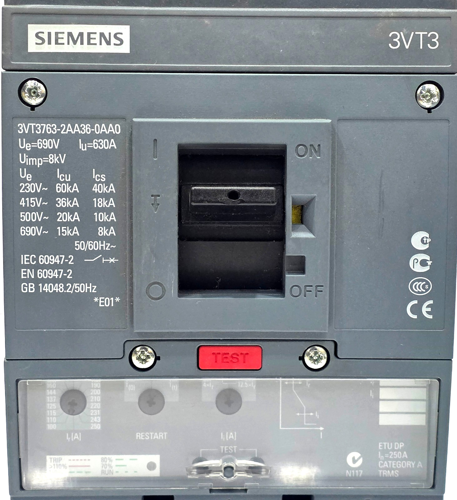 SIEMENS 3VT3763-2AA36-0AA0 MOLDED CASE CIRCUIT BREAKER 3 POLE