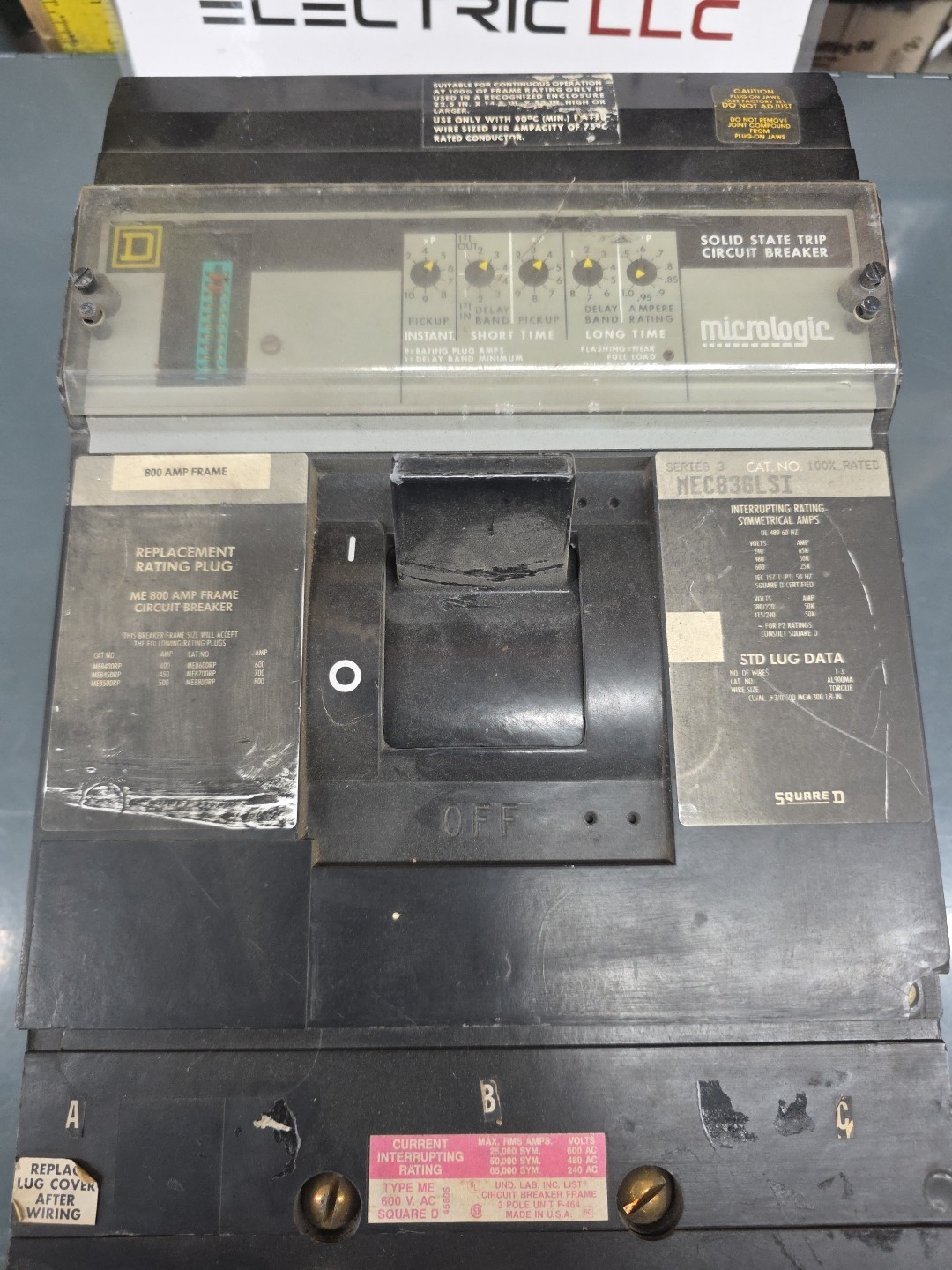 Square D MEC836LSI Circuit Breaker 800A 600VAC w/ Micrologic Solid State Trip