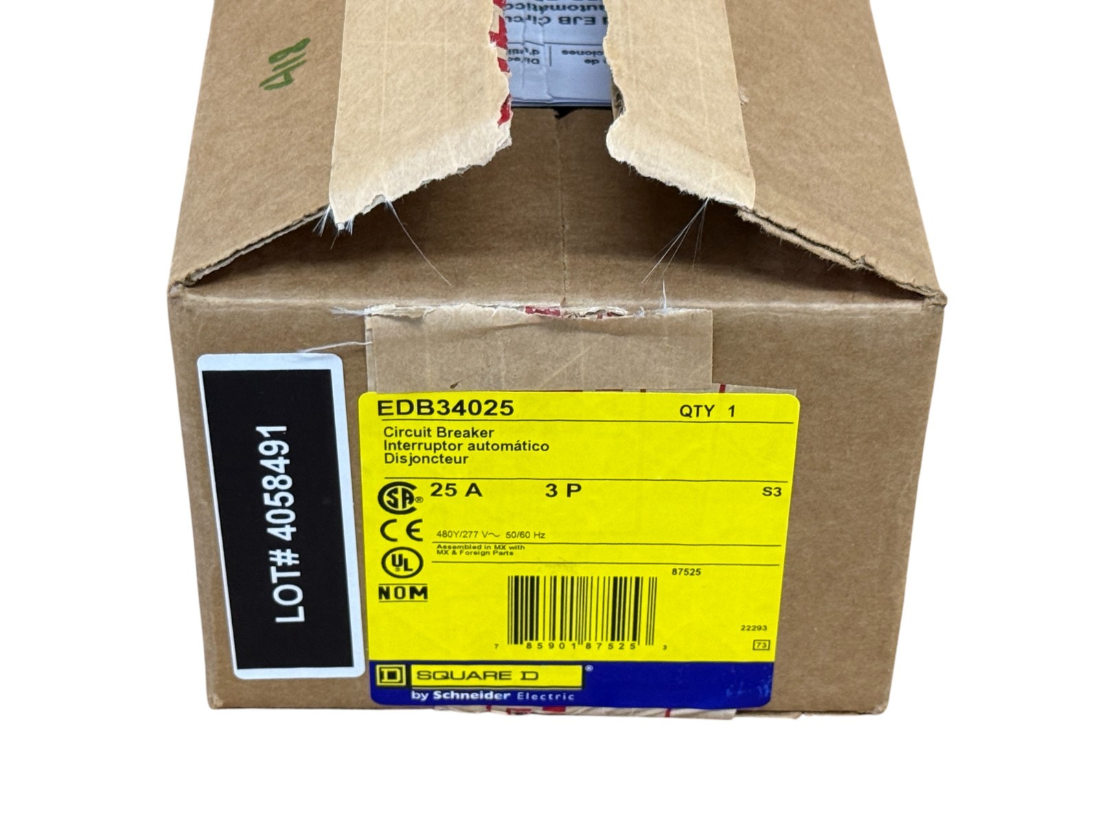 SQUARE D EDB34025 25A 3-PHASE 3-POLE 480Y/277V E-FRAME BOLT-ON CIRCUIT BREAKER