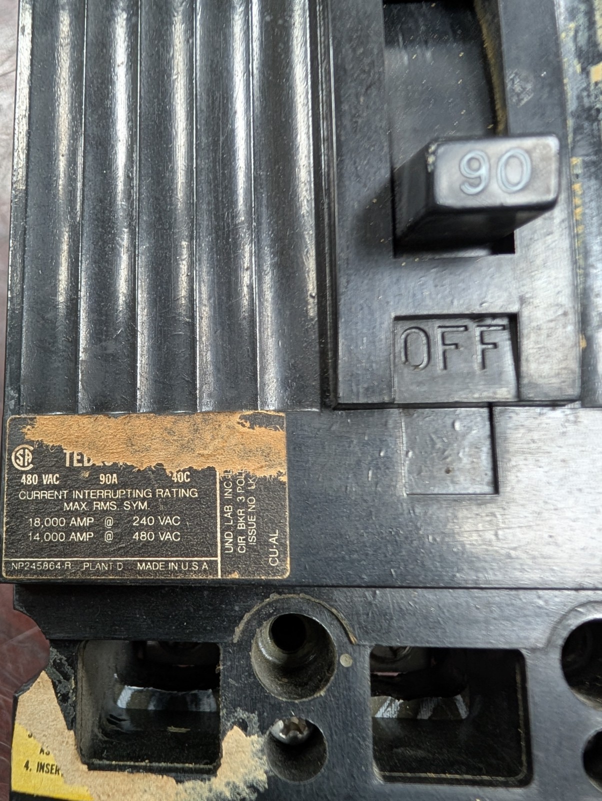 🤪 GE GENERAL ELECTRIC 90 AMP CIRCUIT BREAKER 480 VAC 3 POLE TED13490