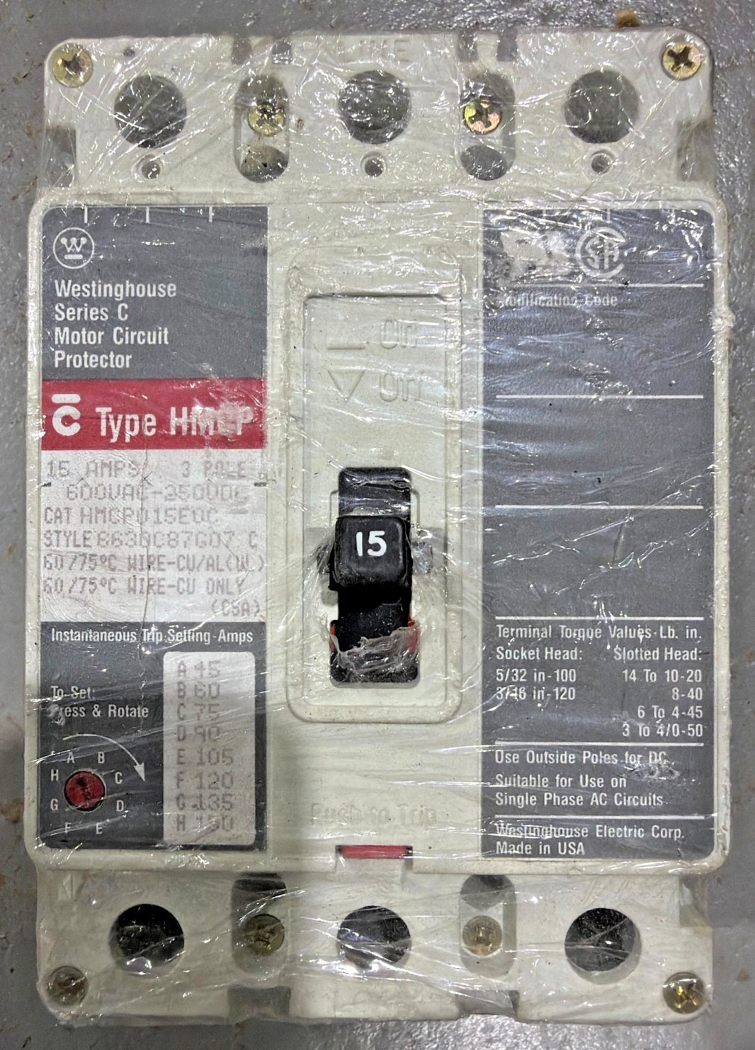 Westinghouse / Cutler-Hammer Series C HMCP015E0C NOS