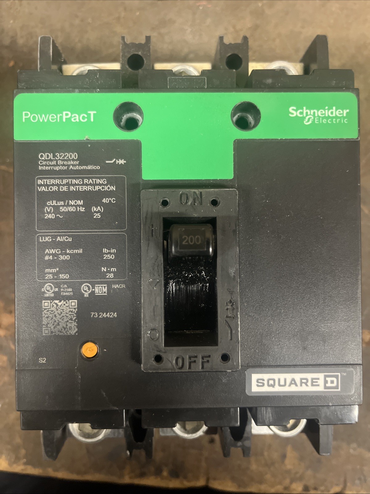 Square D QDL QDL32200 3 Pole 200 Amp 240V PowerPact Circuit Breaker USED