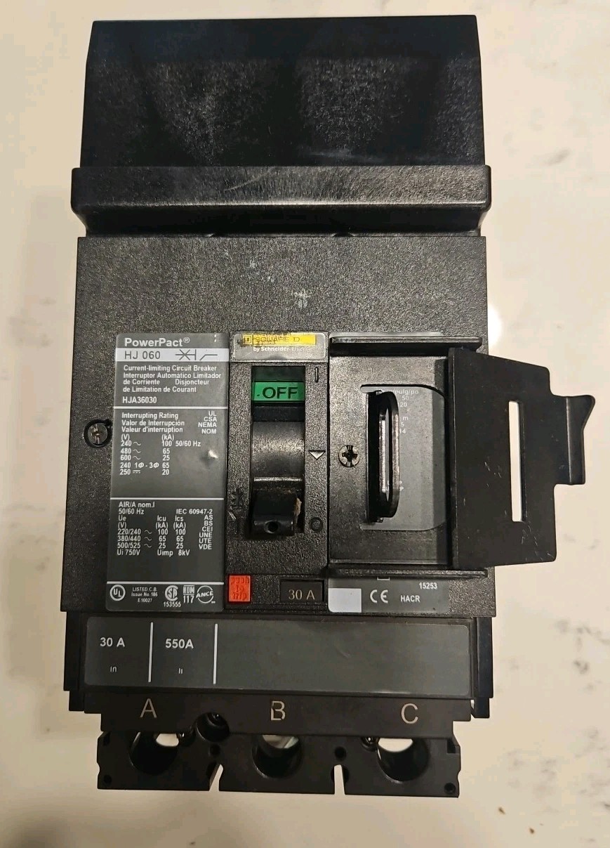 Square D PowerPact HJA36030 3 Pole 30 Amp I-Line Circuit Breaker. LOTO Clasp