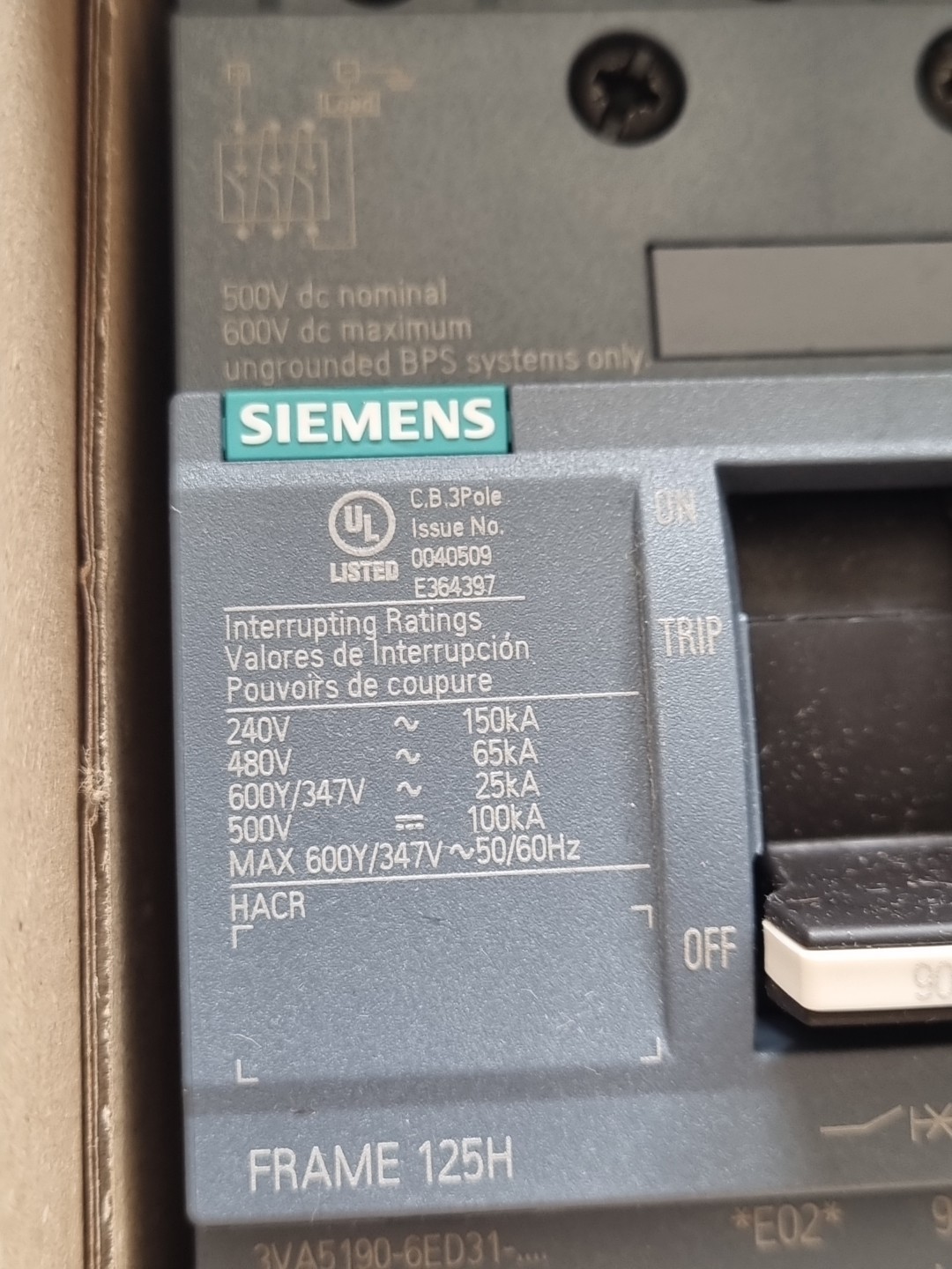 Siemens 3VA5190-6ED31-1AA0 Leistungsschalter 90A 125H ,TM210 , 3Va5190