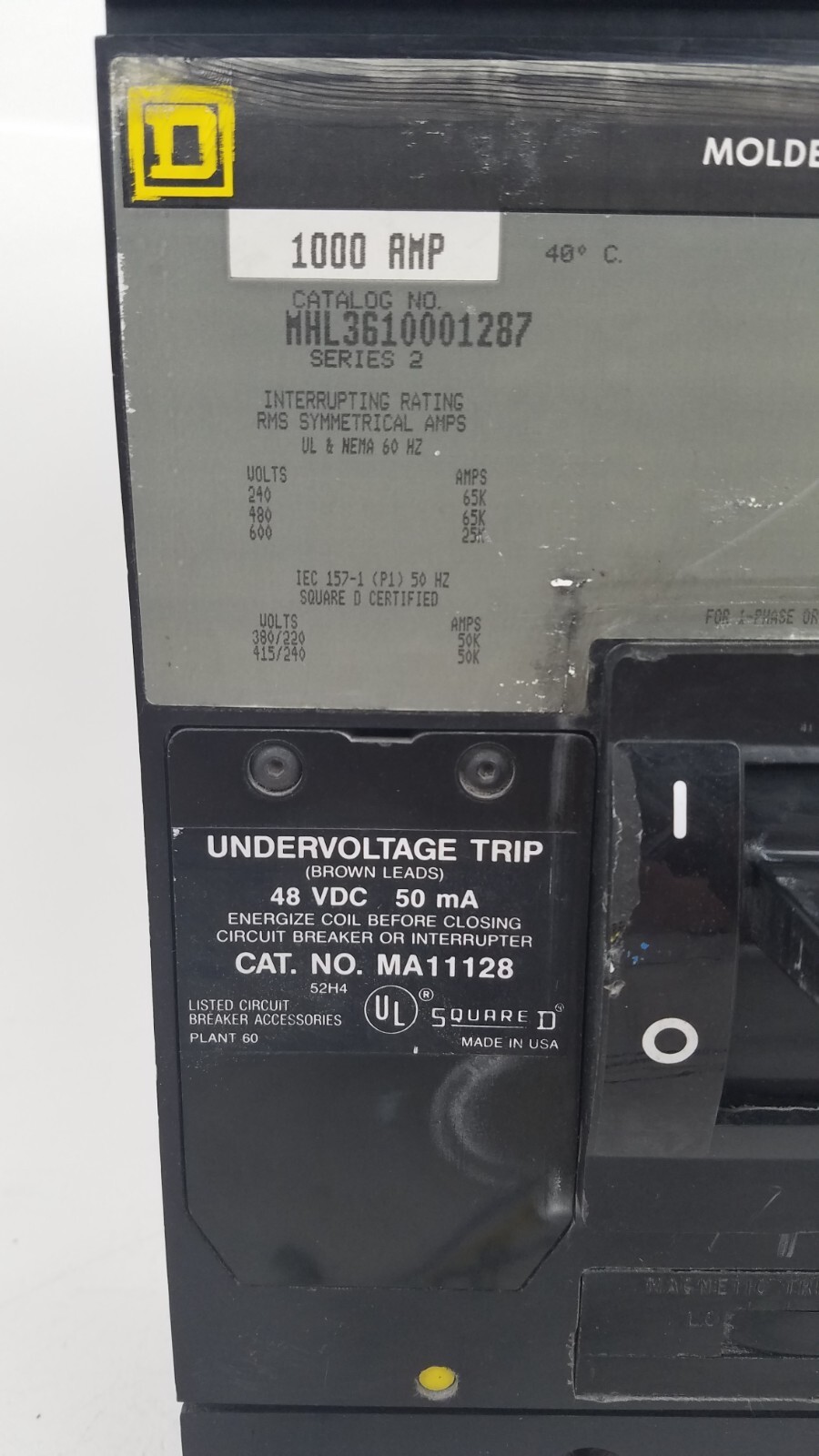 MHL3610001287 Square D 1000A Circuit Breaker w/ 48V Undervoltage Aux Switch